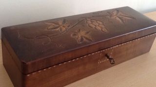 Antique /vintage Large Wooden Glove Box With Lock And Key Beautifully Engraved