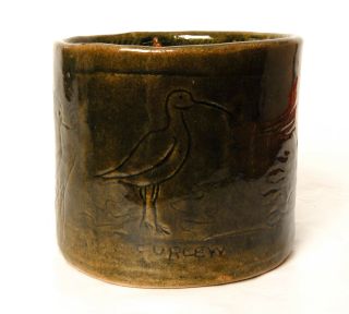 Small Green Studio Pottery Plant Pot With A Bird Design