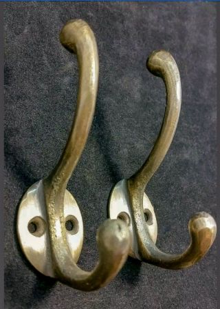 2 Solid Antique Brass Double Coat Hooks W.  Oval Backplate 3 " X 2 " C9