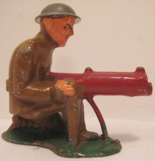 Antique Metal Toy Soldier W Brown Machine Gun 2 1/8 " Barclay Tin Helmet 1935