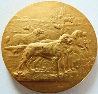 Antique French Gilded Dog Medal Several Breeds By Rivet 1932