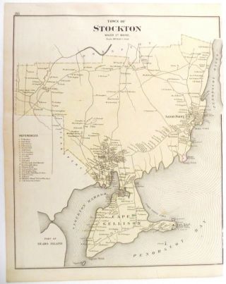 Ca.  1880 Antique Hand - Colored Map Of Stockton,  Maine W/family Names
