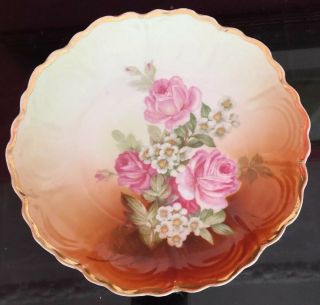 Germany Antique Orange Plate Hand Painted Pink Roses 9”