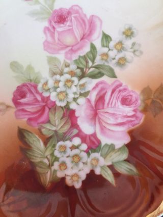 Germany Antique Orange Plate Hand Painted Pink Roses 9” 2