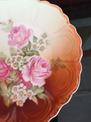 Germany Antique Orange Plate Hand Painted Pink Roses 9” 3