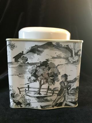 Vintage French Toile Black And White Lidded Tin Square With Pinched Corners
