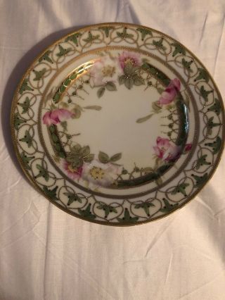 Antique Nippon Hand Painted Plate W/pink Green/gold Beaded Design