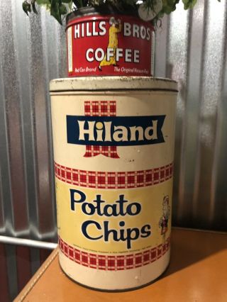 Vintage Antique Tin Red Potato Chips Hills Bros Coffee Green Yellow Popcorn Cans 2