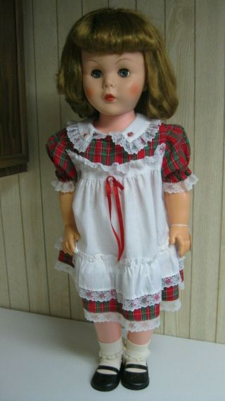 Vintage Hard Plastic 28 Inch Doll With Blue Eyes Blonde Hair Red White Dress