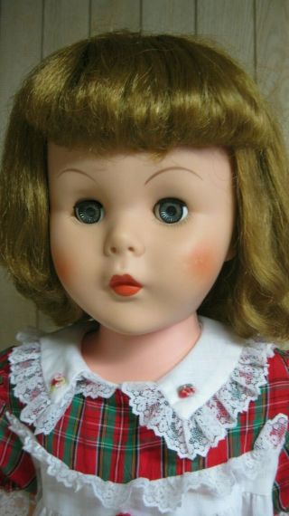 VINTAGE HARD PLASTIC 28 INCH DOLL WITH BLUE EYES BLONDE HAIR RED WHITE DRESS 2