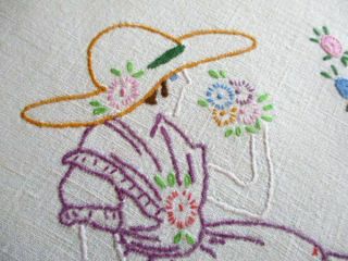 Vintage Tablecloth Hand Embroidered Crinoline Ladies - Linen
