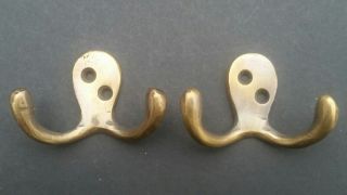 2 Small Double Coat Hat Hooks Solid Brass Antique Vintage Style 2 1/2 " C1