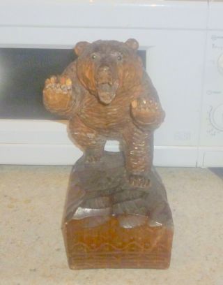 Large 10 Inch Chunky Standing Antique Black Forest Bear Swiss Wood Carving