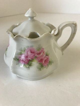 Antique Rs Germany Miniature Lidded Sugar Bowl With Pink Roses And Gold Marked