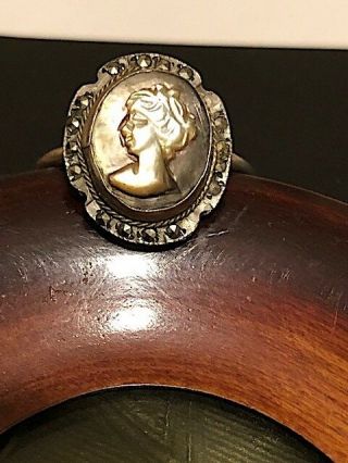 Antique/vintage Italian ? Cameo Ring In 800 Silver And Marcasite.  Size P/q.