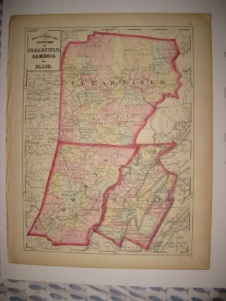 Antique 1872 Clearfield Cambria Blair County Pennsylvania Handcolor Map Finecond