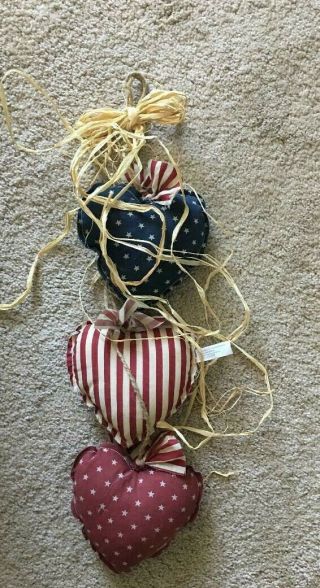 Patriotic 3 Fabric Hearts 4th Of July Rustic Country Home Decor 20 "