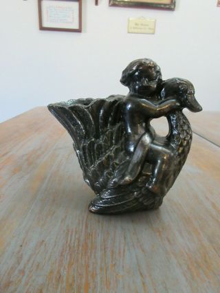 Vintage Cast Metal Cherub Riding On Swan Vase; 4 3/4 " X 4 3/4 "