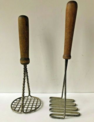 2 Vintage Wood Handle Potato Mashers One Twisted Metal Antique Kitchen Tools