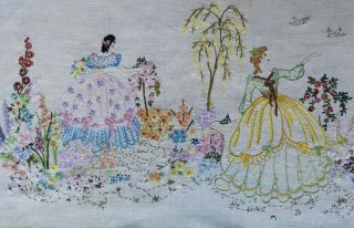 Vintage Embroidered Large Crinoline Lady Ladies Flowers Birds Linen Panel