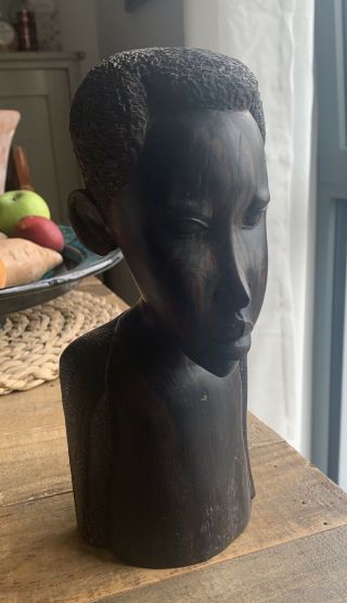 Hand Carved Wooden African Tribal Style Head Bust Statue Ebony? 2