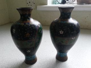 Pair Small Vintage / Antique Cloisonne Brass Vase / Vases - Need Work - 7 Inch