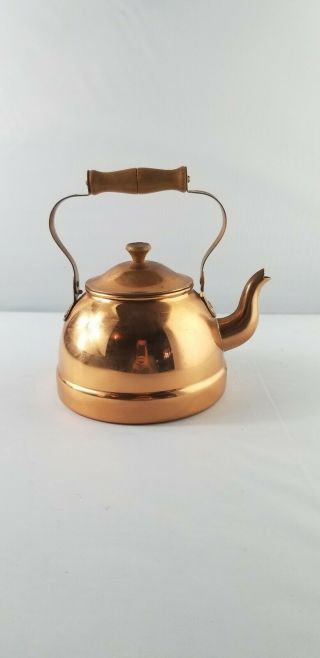 Vintage Odi Made In Portugal Solid Shiny Copper Tea Kettle Wood Handle Gooseneck