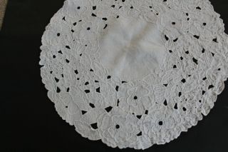Vintage round white linen cloth with cut work and machine embroidery pattern. 2