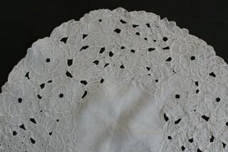 Vintage round white linen cloth with cut work and machine embroidery pattern. 5
