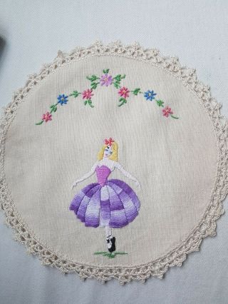 Vintage Hand Embroidered Doily - Ballerina In Mauve - Toe Shoes