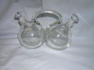Antique One - Piece Art Glass With Applied Handle Oil & Vinegar Cruet Bottle Set