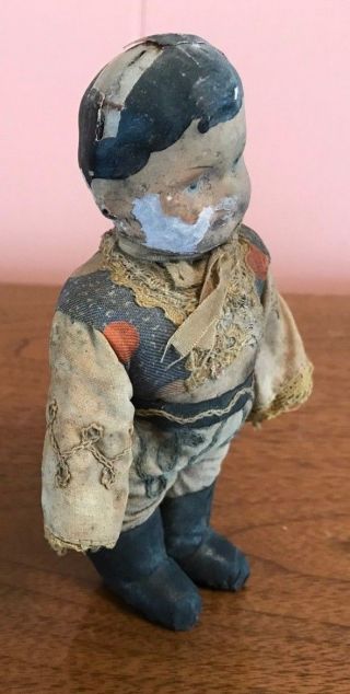 Antique Early Paper Mache Head Doll In Native Costume 6.  5 Inches Tall