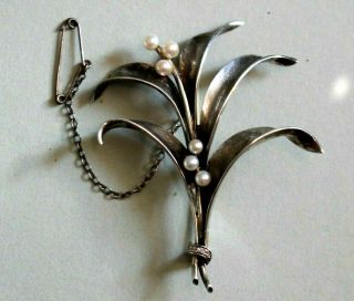Large Vintage / Antique Sterling Silver Natural Seed Pearl Floral Brooch / Pin.