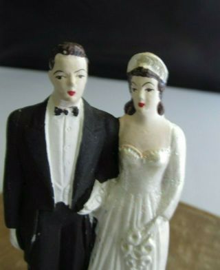 1940 ' s Vintage Chalkware Plaster Bride & Groom Cake Topper Hand Painted 3 - 1/2 