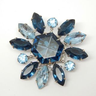 Antique Sapphire Baby Blue Hexagon Cut Glass Rhinestone Star 2 " Pin Vtg Brooch