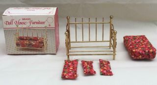 Vintage Brass Doll House Furniture Items Bed With Mattress And Pillows