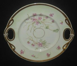ANTIQUE HAND PAINTED GOLD HANDLES CAKE PLATE PINK FORGET ME KNOT FLOWERS 2
