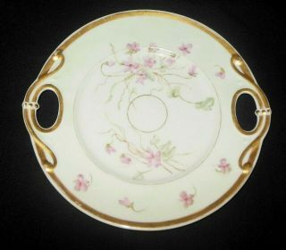 ANTIQUE HAND PAINTED GOLD HANDLES CAKE PLATE PINK FORGET ME KNOT FLOWERS 3