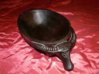 Vintage " Large " Folk Art Hand Carved Wooden Bowl With Carved Oxen Head Handles