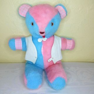 Vintage Mid Century Plush Teddy Bear Stuffed Animal Pink Blue In Vest 19 " Tall