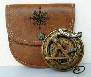 Antique Brass Maritime Stanley London Sundial Pocket Compass W Leather Case Gift