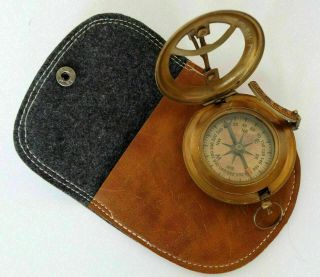 Antique Brass Maritime Stanley London Sundial Pocket Compass w Leather Case Gift 2