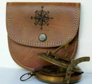 Antique Brass Maritime Stanley London Sundial Pocket Compass w Leather Case Gift 3