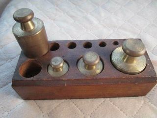 Antique Brass Scale Weights & Wood Box 100g,  200g,  300 G,  500g Box Marked France