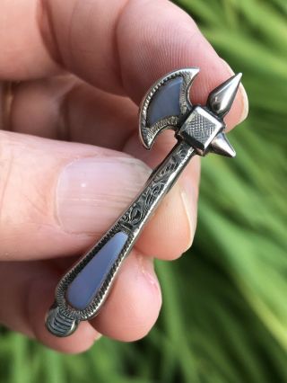 Antique Victorian Scottish Agate Sterling Silver Battle Axe Brooch /pin