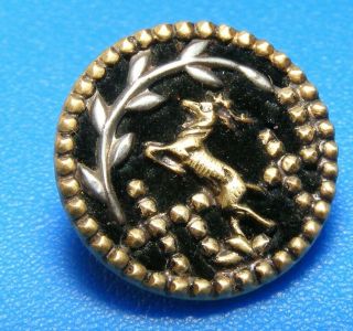 Rare Antique Small Brass & Velvet Perfume Button W Jumping Stagg