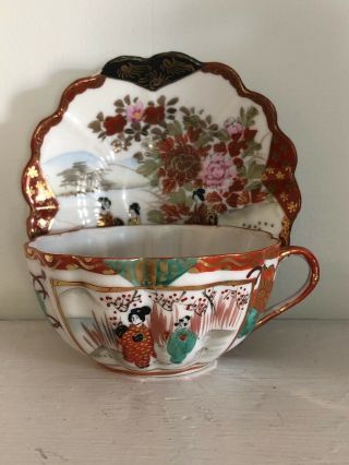 Antique Japanese Kutani Hand Painted Tea Cup And Saucer Geisha Signed