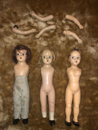 3 Vintage Small 7 1/2 " Dolls Composition And Hard Plastic Tlc Nancy Ann?
