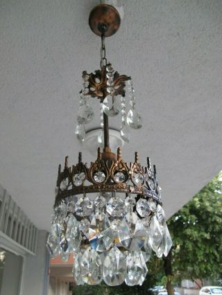 Antique Vintage French Basket Style Mini Crystal Chandelier Lamp 1940s 6,  7 In Dm