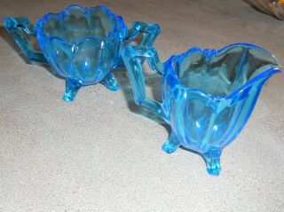 Vintage Antique BLUE GLASS Creamer & Sugar Set Footed Scallop Edge Stunning 2